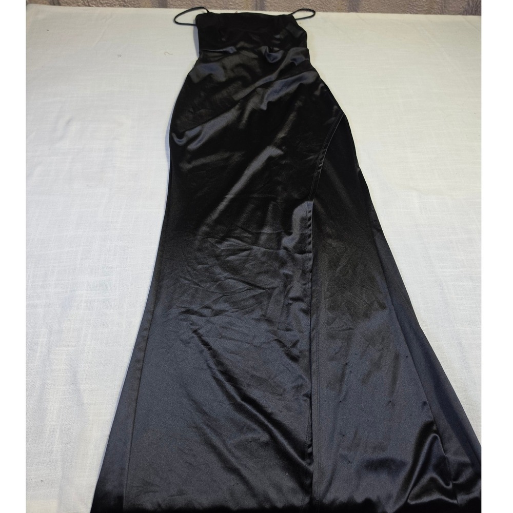 Emerald Sundae Black Satin Ruched Side Slit Evening Gown Dress Medium